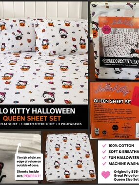 Hello Kitty Halloween Queen Sheet Set - White with Orange & Pink Accents